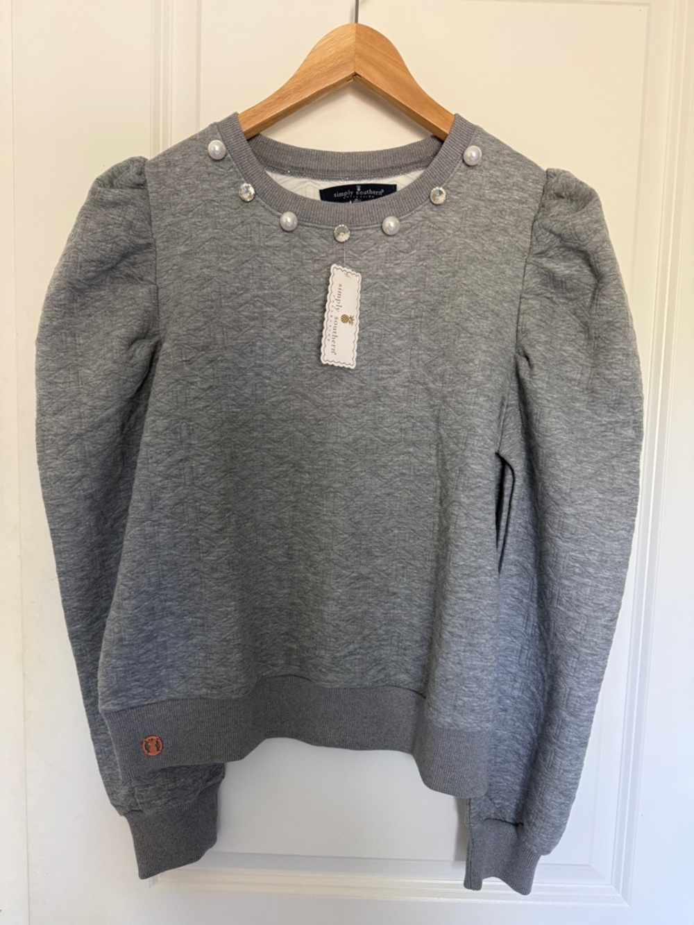 Simply Southern Gray Quilted puff sleeve Sweatshirt with Pearl diamond Accents S